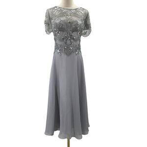 XSCAPE 14 1x gray beaded mother of the bride formal party midi dress NWT B56